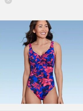 Aqua Green Blue & Pink Floral One-Piece Swimsuit